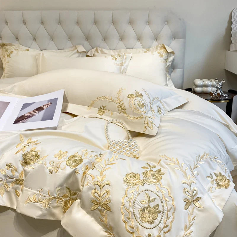 Afralia™ Luxury Gold Flowers Embroidery Cotton Bedding Set