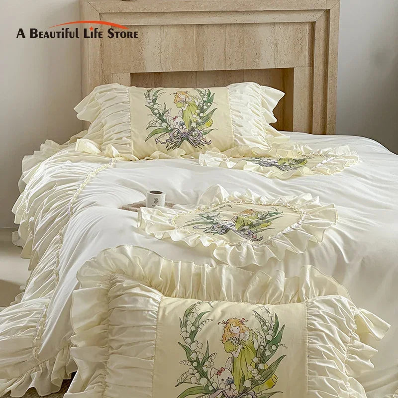 Afralia™ Nordic Lace Ruffles Vintage Princess 100% Cotton Bedding Set