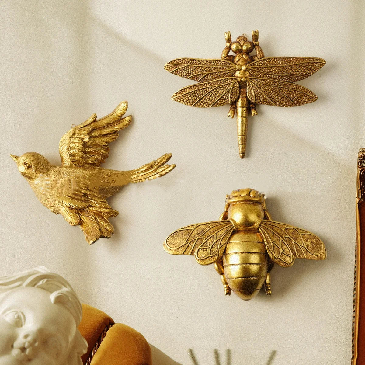 Afralia™ Golden Bird & Butterfly Resin Wall Decoration Statues