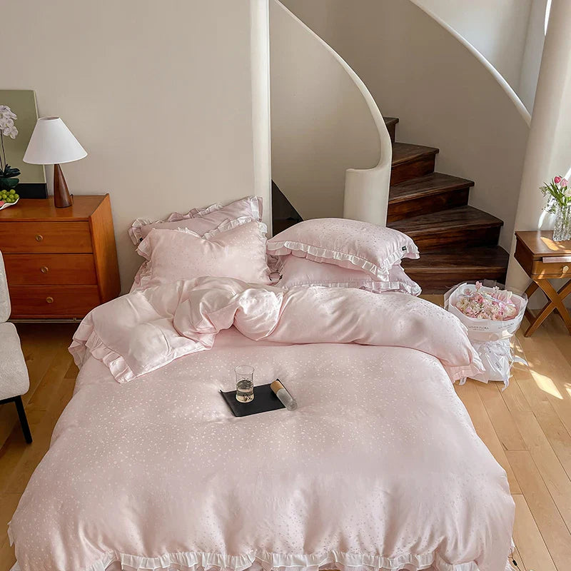 Afralia™ Pink Lyocell Silky Princess Bedding Set with Ruffles and Jacquard Design