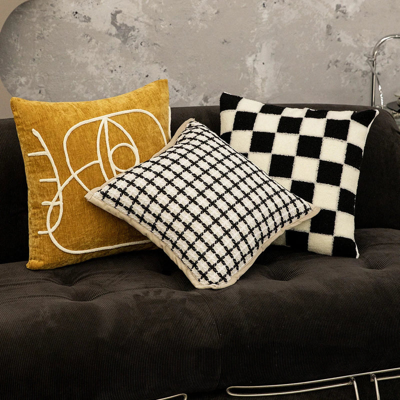 Nordic Embroidered Cushion Cover Afralia™ - Black & White Checkerboard Plush Pillow Case