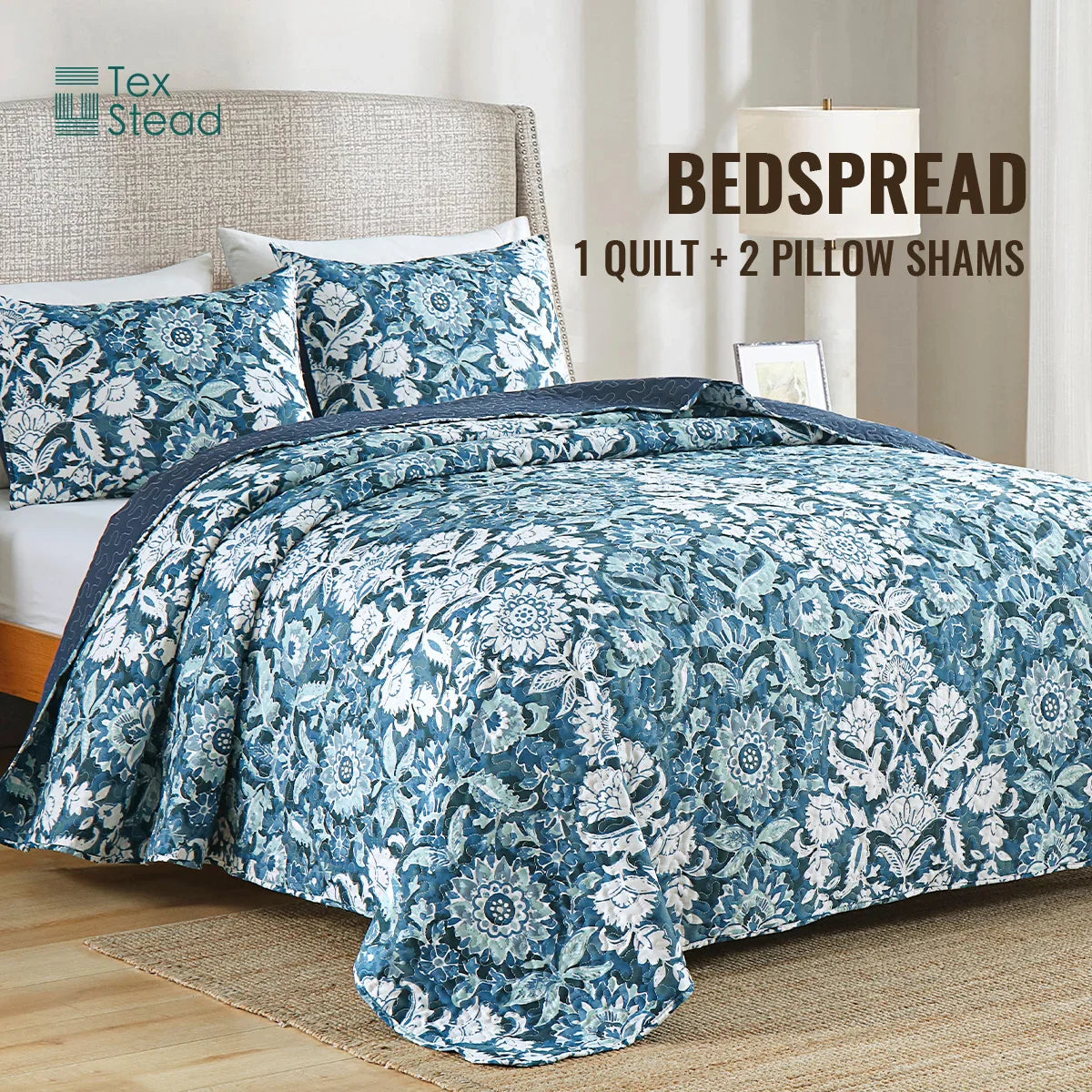 Afralia™ Blue Floral Quilted Bedding Set - Farmhouse Style All Seasons - 3 Piece