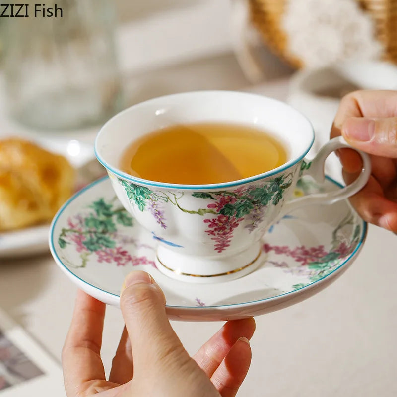 Afralia™ Green Vine Flower Porcelain Coffee Mug Set for Dining and Tea