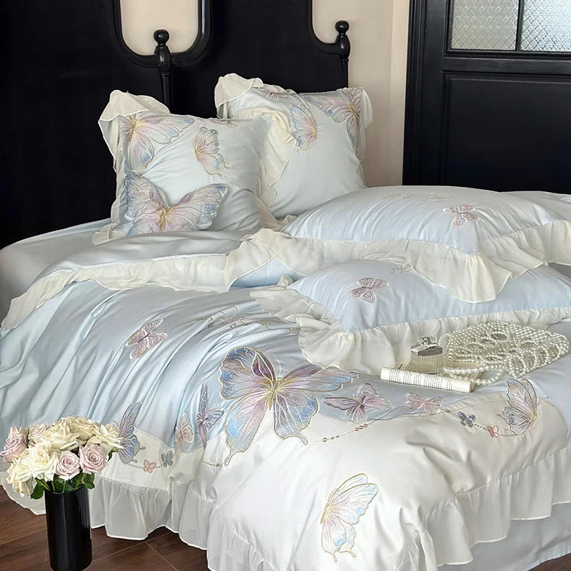 Afralia™ Butterfly Embroidery Lace Ruffles Bedding Set 100S Egyptian Cotton Duvet Cover