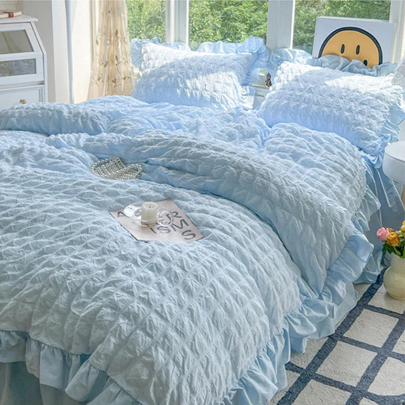 Afralia™ Korean Princess Soft Bedding Set, Wash Cotton Solid Color Duvet Cover Collection