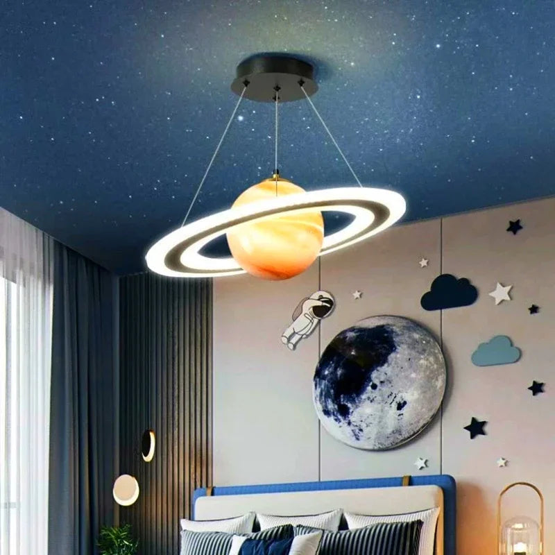 Afralia™ Space Star Planet LED Chandelier for Children's Room - Acrylic Earth Ball Pendant Light