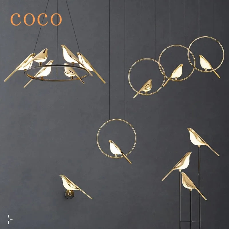 Afralia™ Gold Magpie Bird Ceiling Chandelier | Modern LED Ring Light for Dining Room & Decor