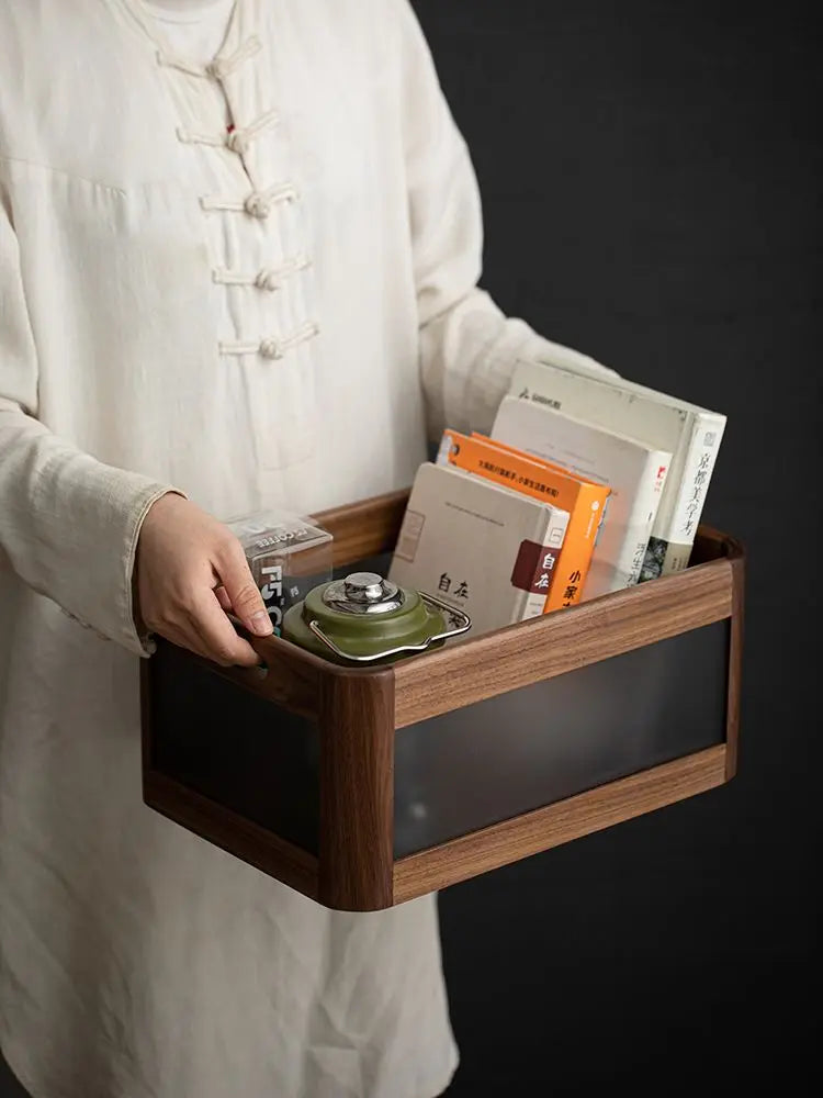 Afralia™ Black Walnut Wood Desktop Organizer Box - Multi-functional Office & Makeup Case