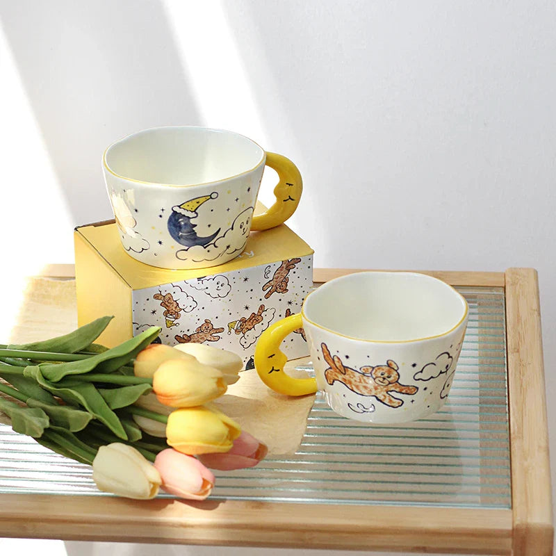 Afralia™ Bear Moon Ceramic Mug: Cute Hand Painted Coffee Cup for Kitchen Drinkware