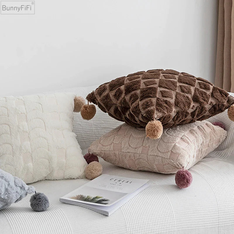 Afralia™ Pompom Ball Plush Cushion Cover 45x45cm - Pink Cream Diamond Arrow Theme
