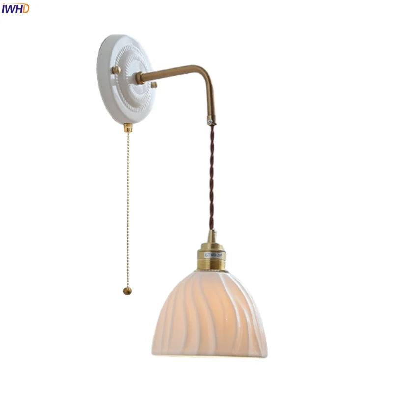 Afralia™ Ceramic Wall Sconce with Copper Arm | Pull Chain Switch LED Bedroom Lamp
