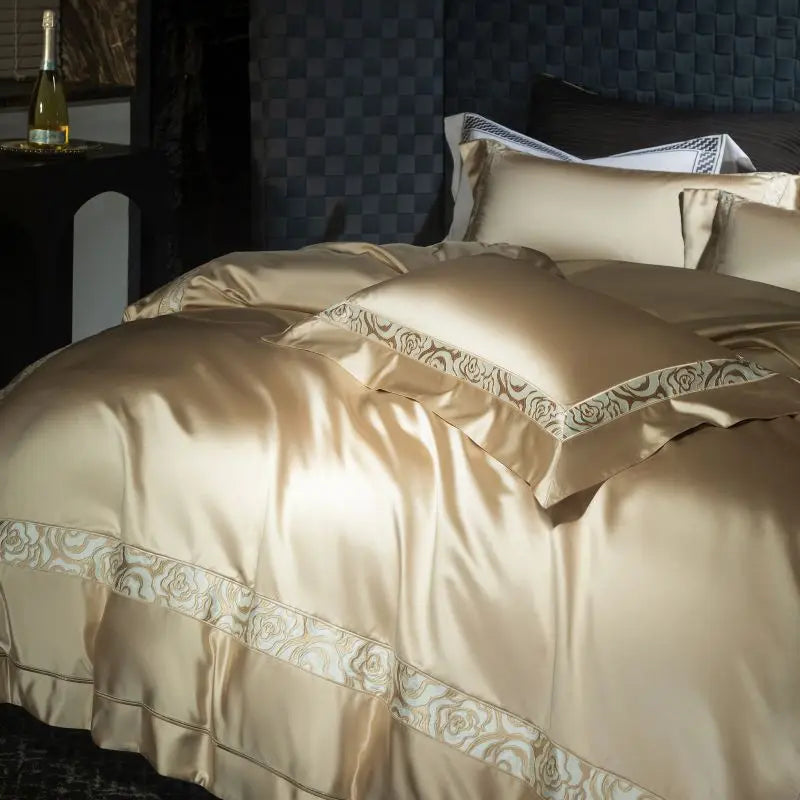 Afralia™ Satin Brocade Luxe Embroidery Bedding Set Champagne Cotton Duvet Cover Bed Sheet Pillowcases
