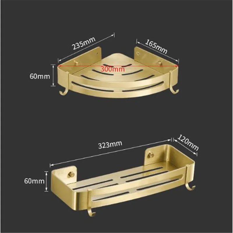 Afralia™ Brushed Gold Aluminum Bathroom Corner Shelf Wall Mounted Shower Shampoo Holder
