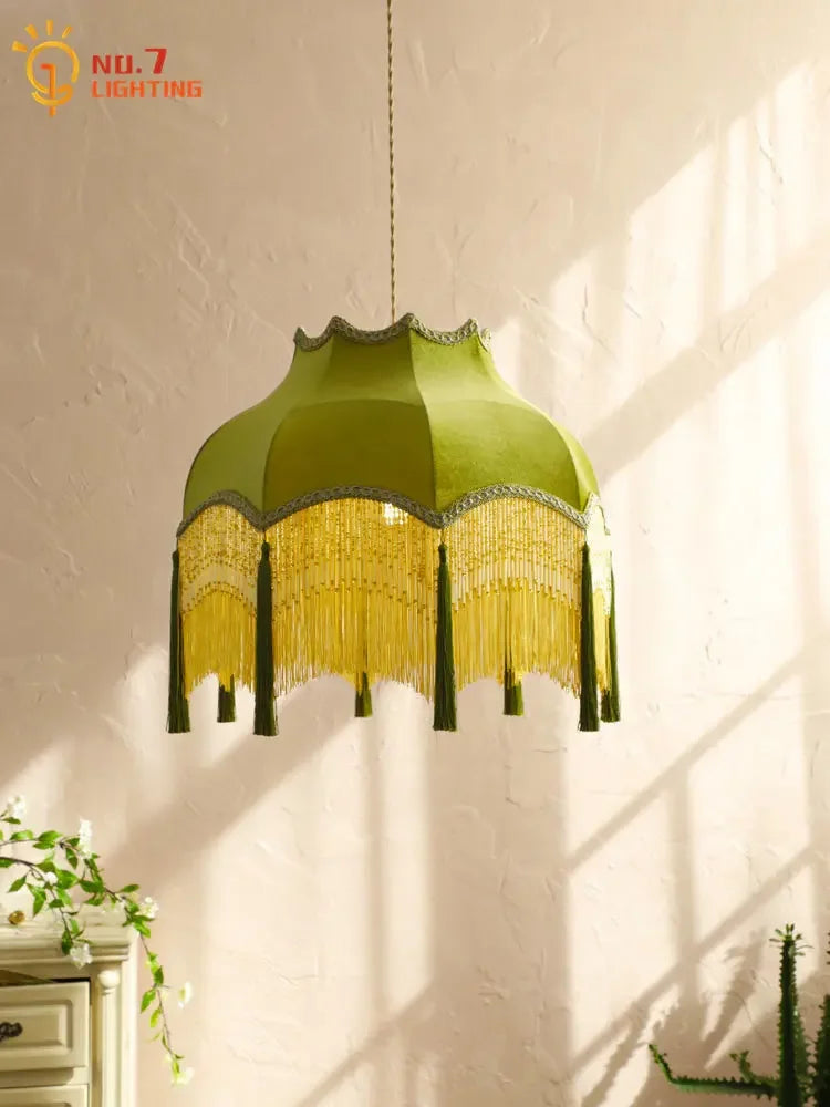 Afralia™ Vintage Green Velvet Tassels Pendant Lights Gold Lustre LED E27 for Home & Cafe