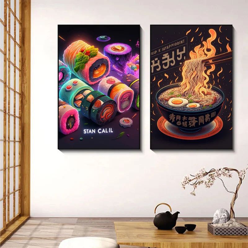 Afralia™ Japanese Food Neon Posters Canvas Painting for Home Kitchen Decor