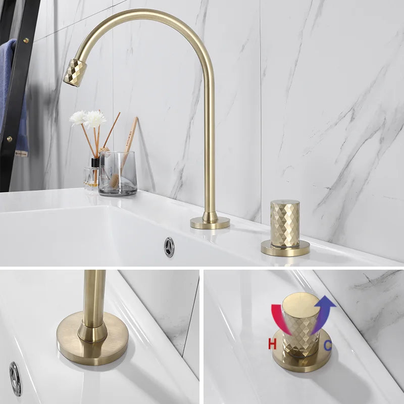 Afralia™ Brass Basin Faucet Brushed Gold Double Bracket Two Holes Hot Cold Mixer