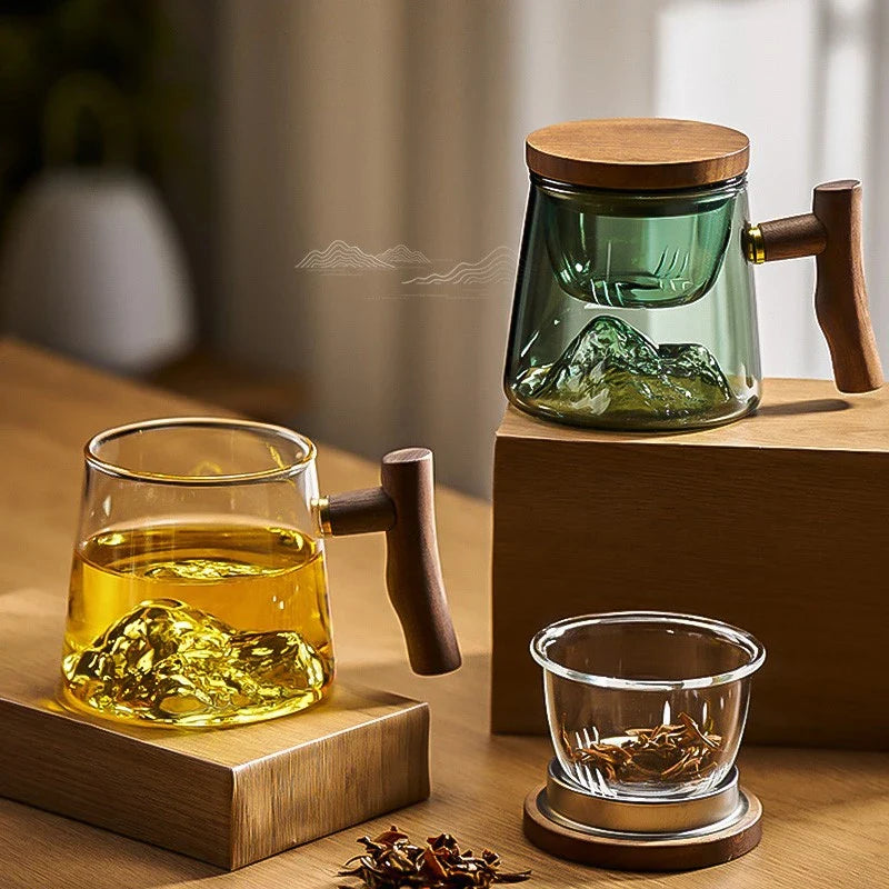 Afralia™ Glass Tea Cup Set with Wood Handle: High Quality & Heat Resistant Puer Cups