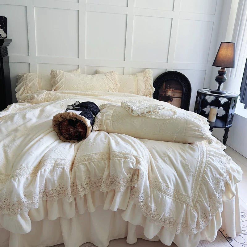 Afralia™ Lace Ruffles Velvet Wedding Bedding Set with Carved Details