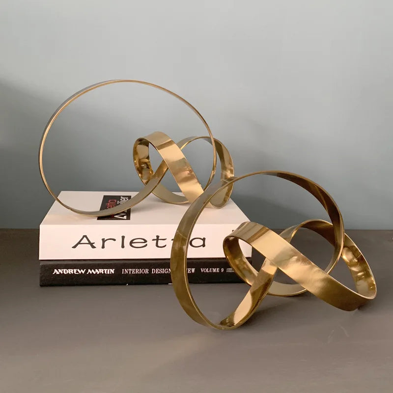 Afralia™ Abstract Knot Golden Tape Metal Sculpture Figurine for Room Decoration