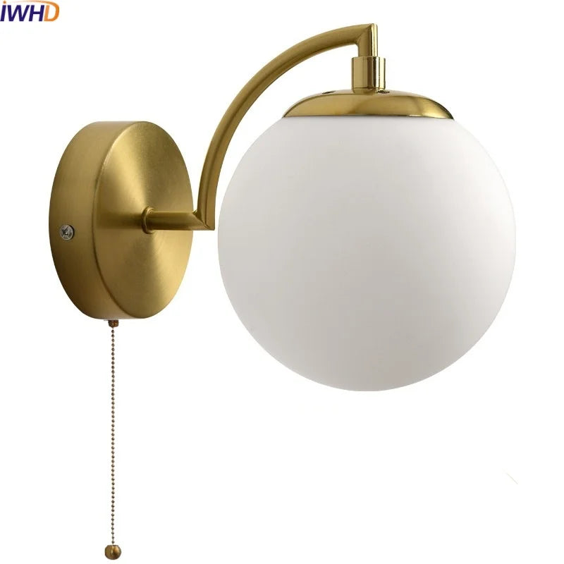 Afralia™ LED Glass Iron Wall Light with Pull Chain Switch for Corridor Living Room Bedroom