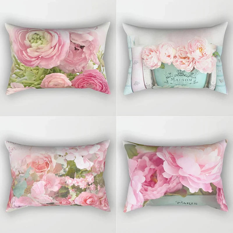Afralia™ Pink Flower Pillowcase: Living Room Sofa Chair Waist Throw Cushion Cover