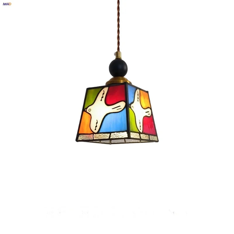 Afralia™ Peace Dove Glass Pendant Light Fixture Wood Copper Tiffany Style LED Hanging Lamp