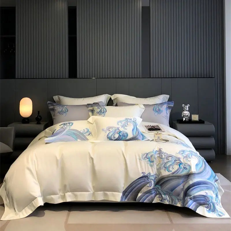 Afralia™ Blue Tides Waves Embroidery 1200TC Luxury Bedding Set with Duvet Cover, Sheet, Pillowcases