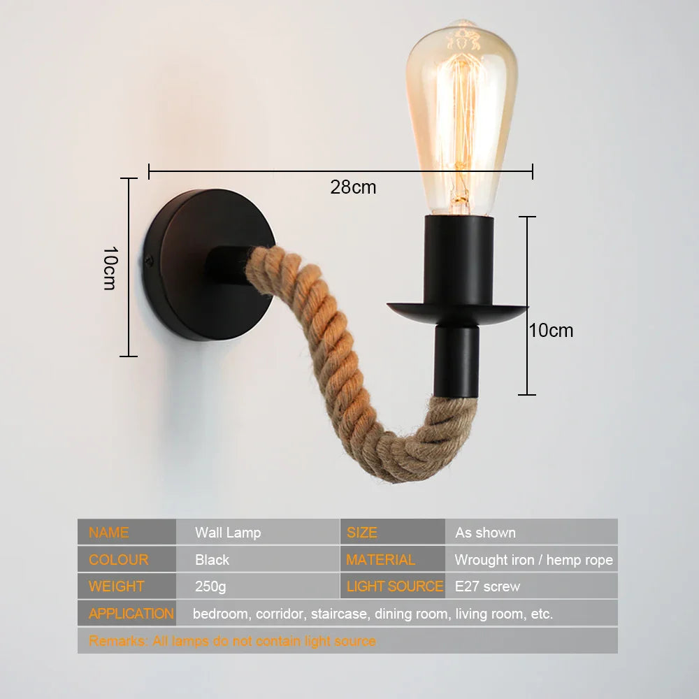 Afralia™ Hemp Rope Wall Lamp E27 Indoor Outdoor Loft Industrial Sconce Bedside Lamp