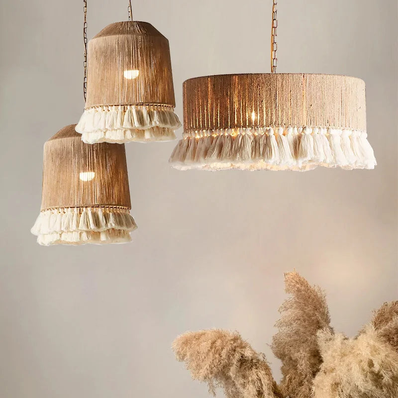 Afralia™ Vintage Hemp Rope Tassel Pendant Light for Kitchen Living Room Bedroom