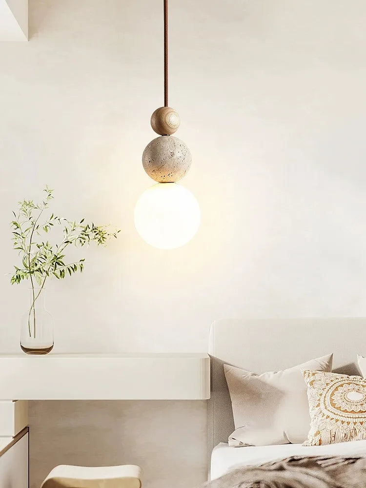 Afralia™ Cream Style LED Pendant Lamp for Bedroom and Bar - Designer Stone Wood Chandelier