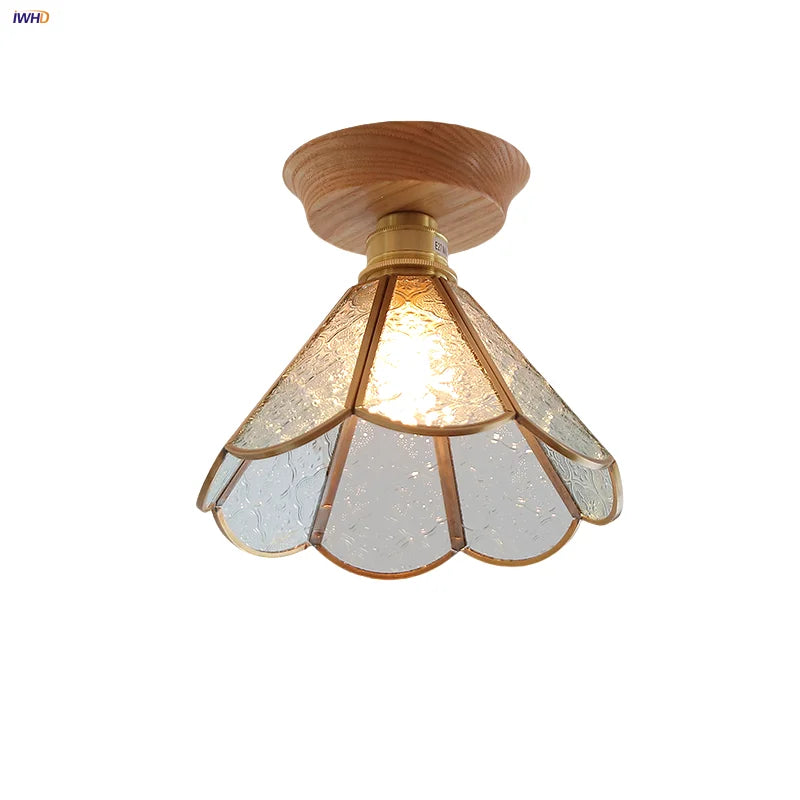 Afralia™ Tiffany Glass Copper Ceiling Lights Wood Ash LED Lamp Japan Style