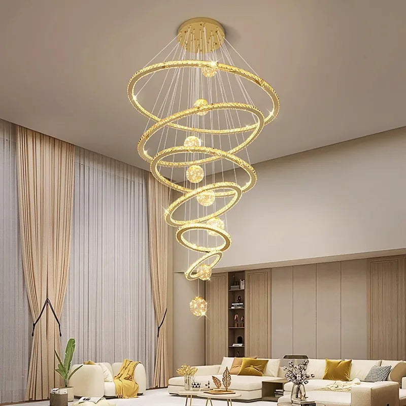 Afralia™ Crystal Chandelier Stair Pendant Lamp Living Room Interior Lighting