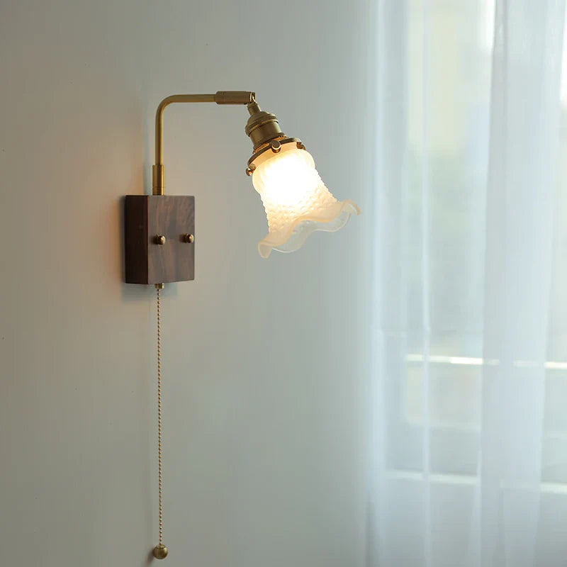 Afralia™ Brass Walnut Wood LED Wall Sconce with Pull Chain Switch & Flower Glass