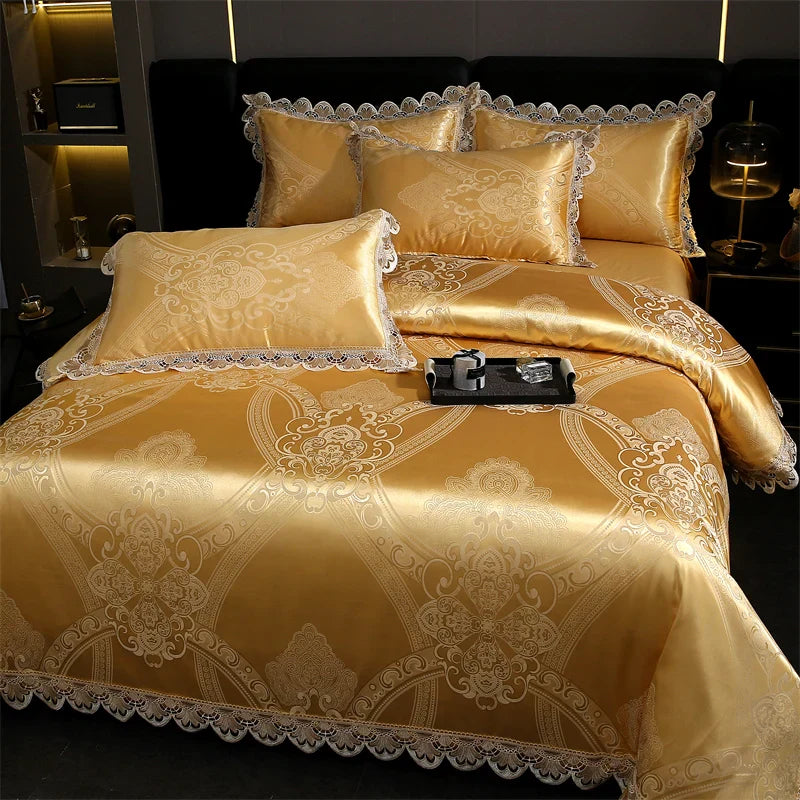 Afralia™ Golden Jacquard Cotton Lace Bedding Set - Silky Soft Duvet Cover, Flat Sheet, Pillowcase