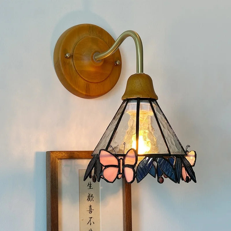 Afralia™ Butterfly Glass LED Wall Light with Copper Arm for Home Decor.