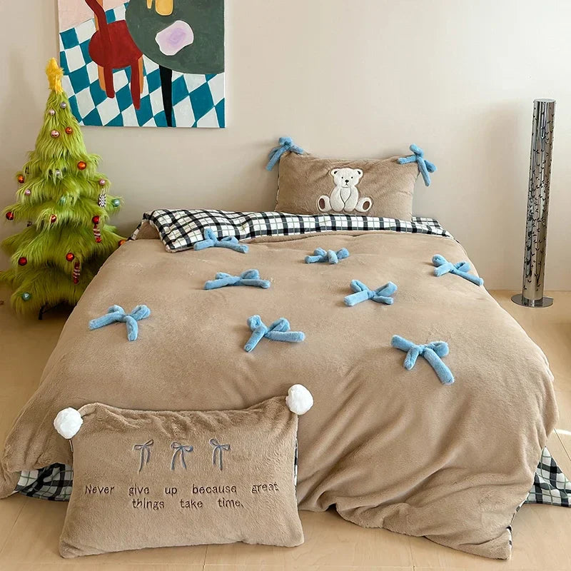 Afralia™ Bow-knot Embroidered Velvet Duvet Bedding Set cozy winter bedding with pillowcase