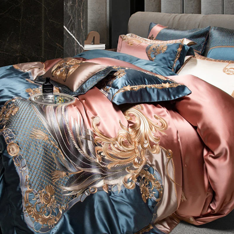 Afralia™ Luxe Gold Embroidery Palace Style Bedding Set - Duvet, Sheet, Pillowcases