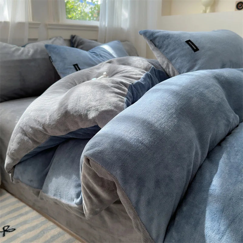 Afralia™ Coral Color Blocked Velvet Single Duvet Cover for Winter