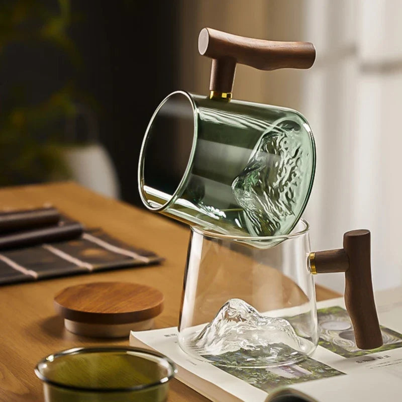 Afralia™ Glass Tea Cup Set with Wood Handle: High Quality & Heat Resistant Puer Cups