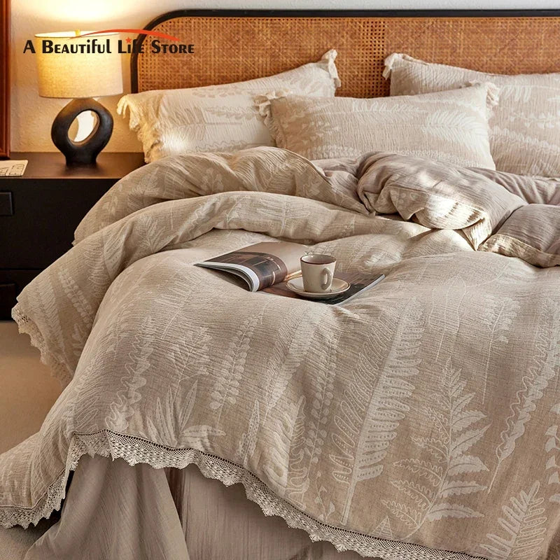 Afralia™ Linen-Cotton Health Wrinkled Yarn Bedding Set with Vintage Lace - Duvet Cover, Sheet, Pillowcase
