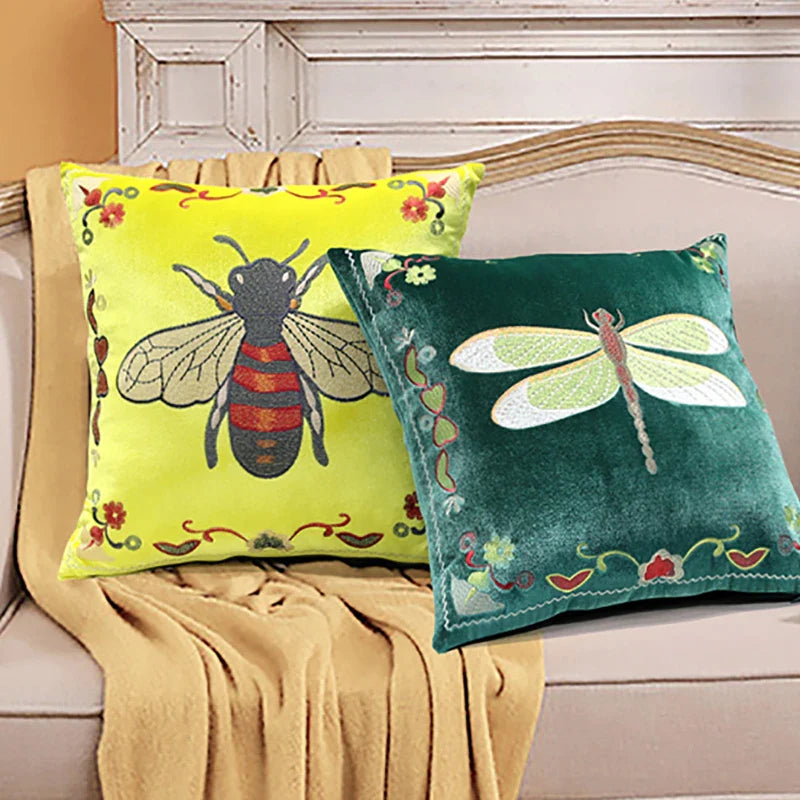 Afralia™ Vintage Bee Green Velvet Cushion Cover, American Style Sofa Waist Pillowcase