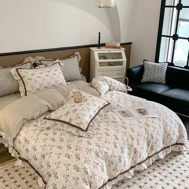 Afralia™ French Floral Bedding Set, 100% Cotton, Ruffles, Duvet Cover, Bed Sheet, Pillowcases