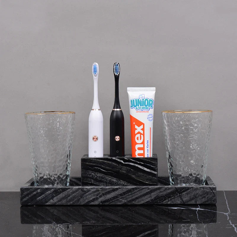 Afralia™ Marble Bathroom Accessories Set Electric Toothbrush Holder Glass Cup Tray