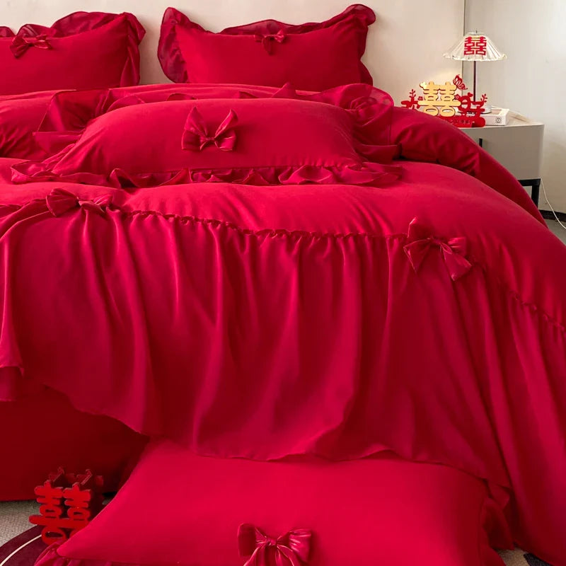 Romantic Lace Ruffles Bedding Set by Afralia™: Duvet, Sheet, Pillowcase, Princess Wedding Theme