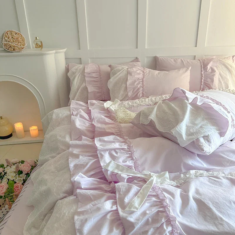 Afralia™ Korean Lace Ruffles Cotton Bedding Set - Sweet Girl Design