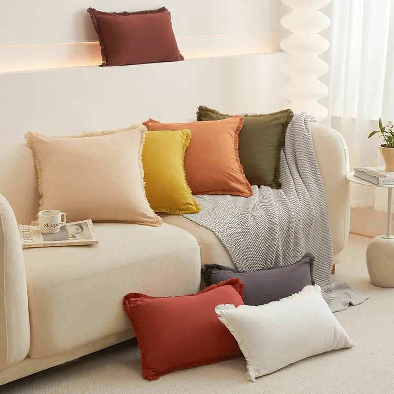 Afralia™ Washed Cotton Fringed Tassel Pillow Cover, White Mustard, 45x45cm, 30x50cm