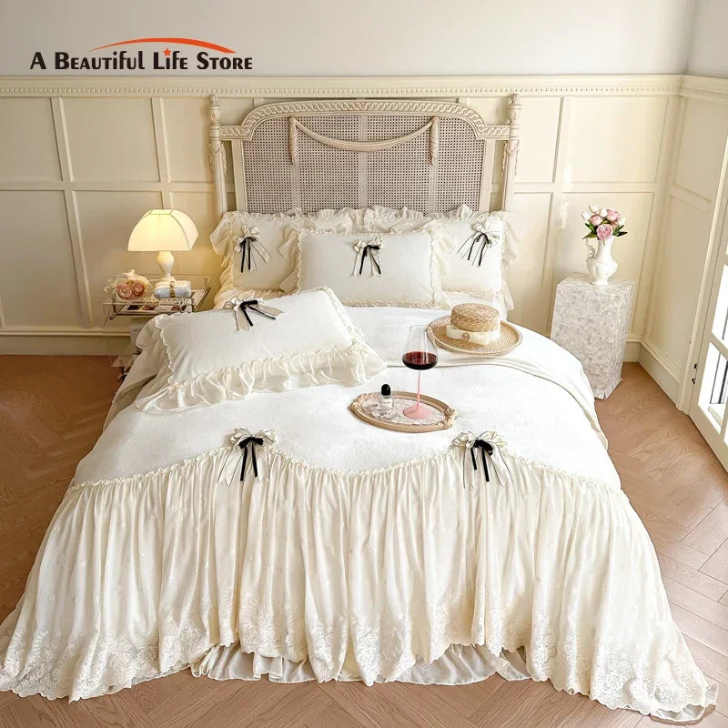 Afralia™ Lace Ruffles Princess Bedding Set, Velvet Duvet Cover, Plush Bed Sheet, Pillowcases