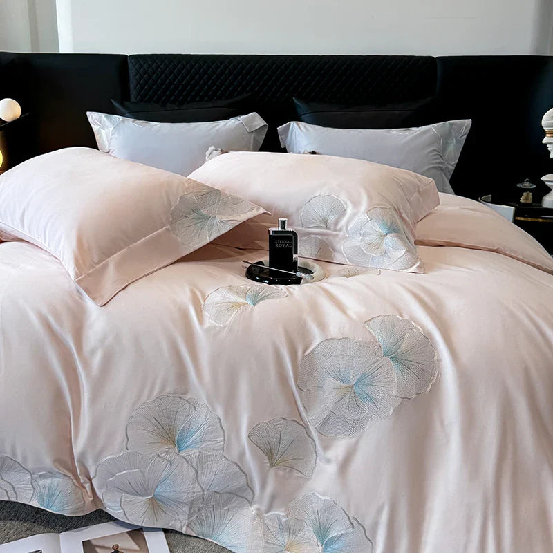 Afralia™ Pink Luxury Flower Embroidery 4-Piece Bedding Set - 1000TC Egyptian Cotton