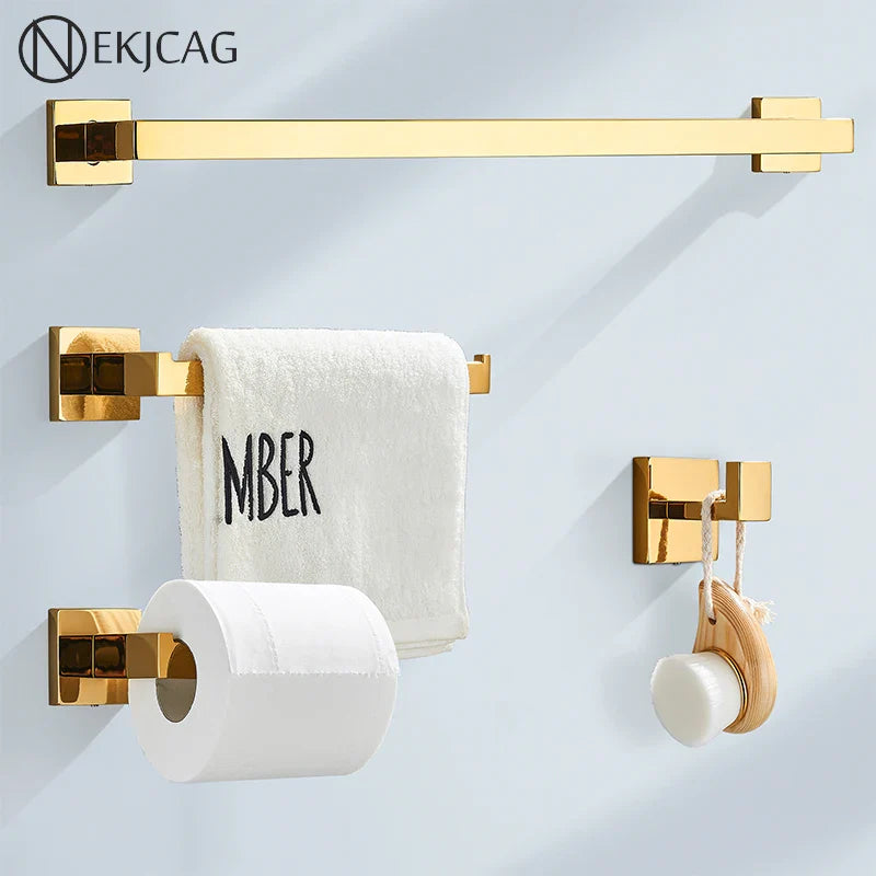 Afralia™ Polish Gold Stainless Steel Bathroom Accessories Set: Towel Bar, Paper Holder, Hook