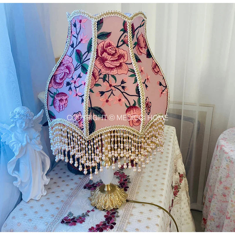 Afralia™ Pink Roses Embroidered Vintage Floral Lamp Shade for Exquisite Home Decor